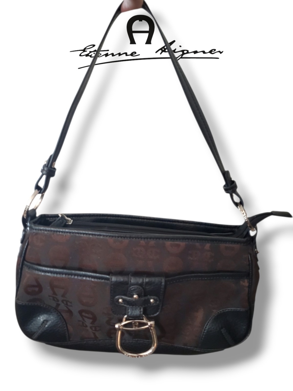 Etienne Aigner Vintage Monogram Canvas Leather Trim Shoulder Bag Brown & Silver